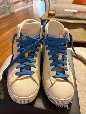 Puma Cream High-Top Sneakers with Blue Laces
